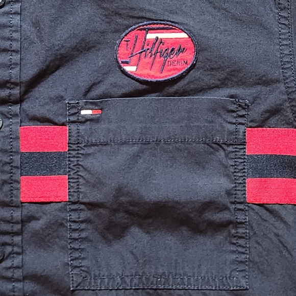Tommy Hilfiger Denim Retro Button-Down Shirt Navy Red Stripes Logo Patches Med - Picture 6 of 10